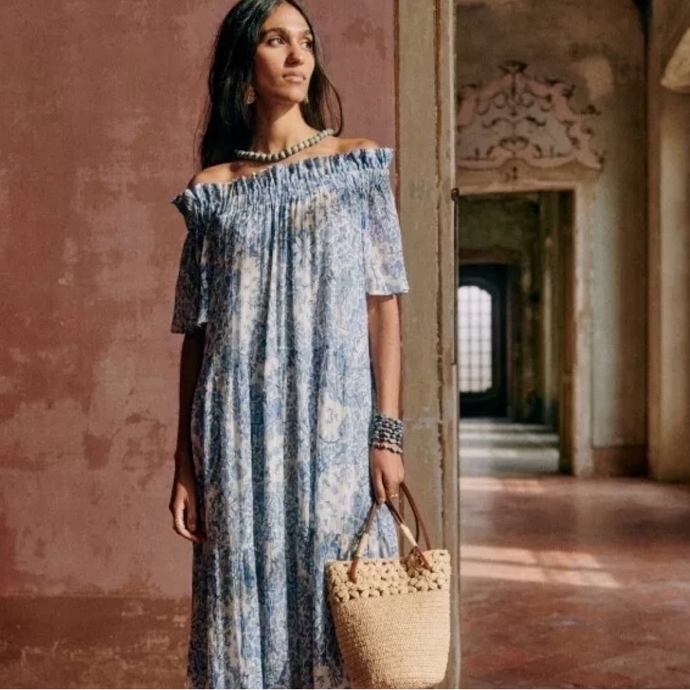 Sezane Blue Floral Off-Shoulder Midi Dress